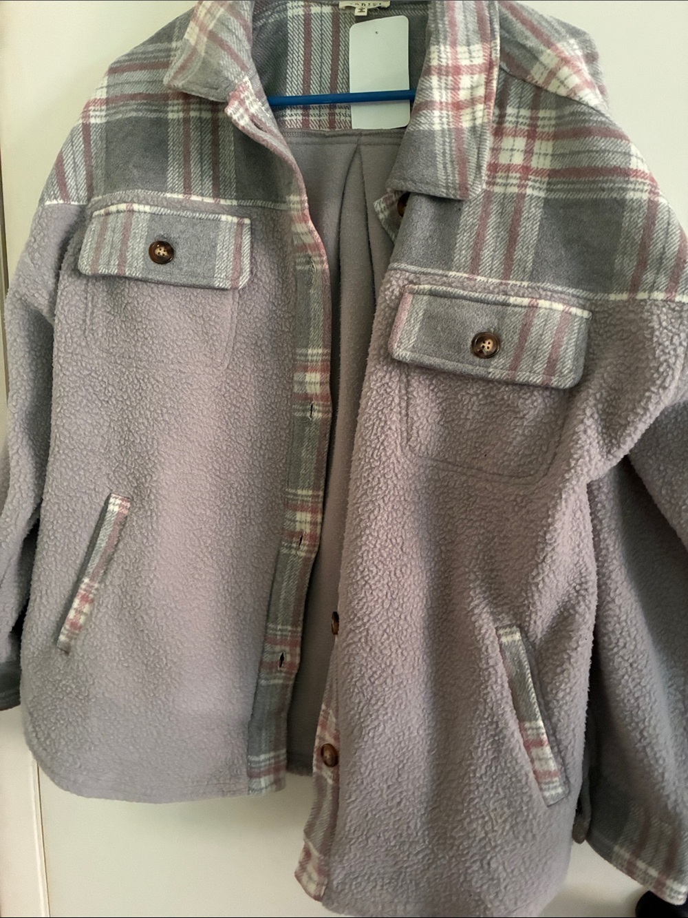 Cozy Lavender Sherpa Shacket with Plaid Accents